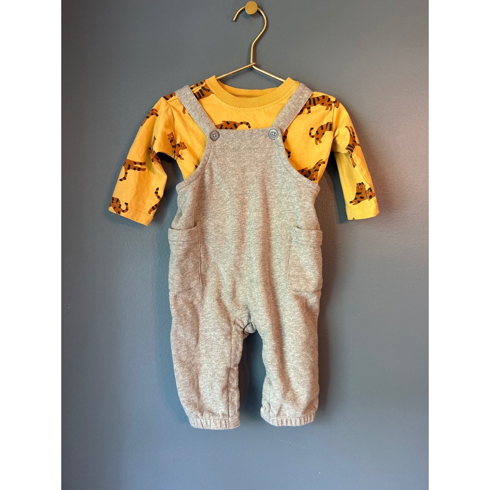 Hanna Andersson Kids Tiger Print Shirt and Grey Overalls Set 6-12 Months 70cm